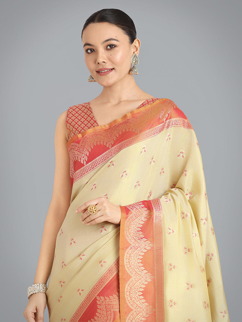 Monjolika Fashion Cream Color Weaving Banarasi Tissue Silk Classic Saree | Grocsy