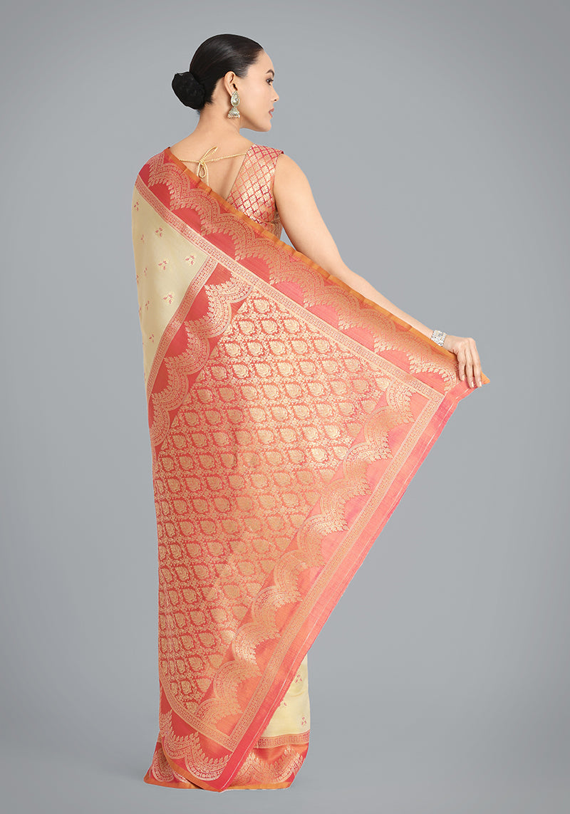 Monjolika Fashion Cream Color Weaving Banarasi Tissue Silk Classic Saree | Grocsy
