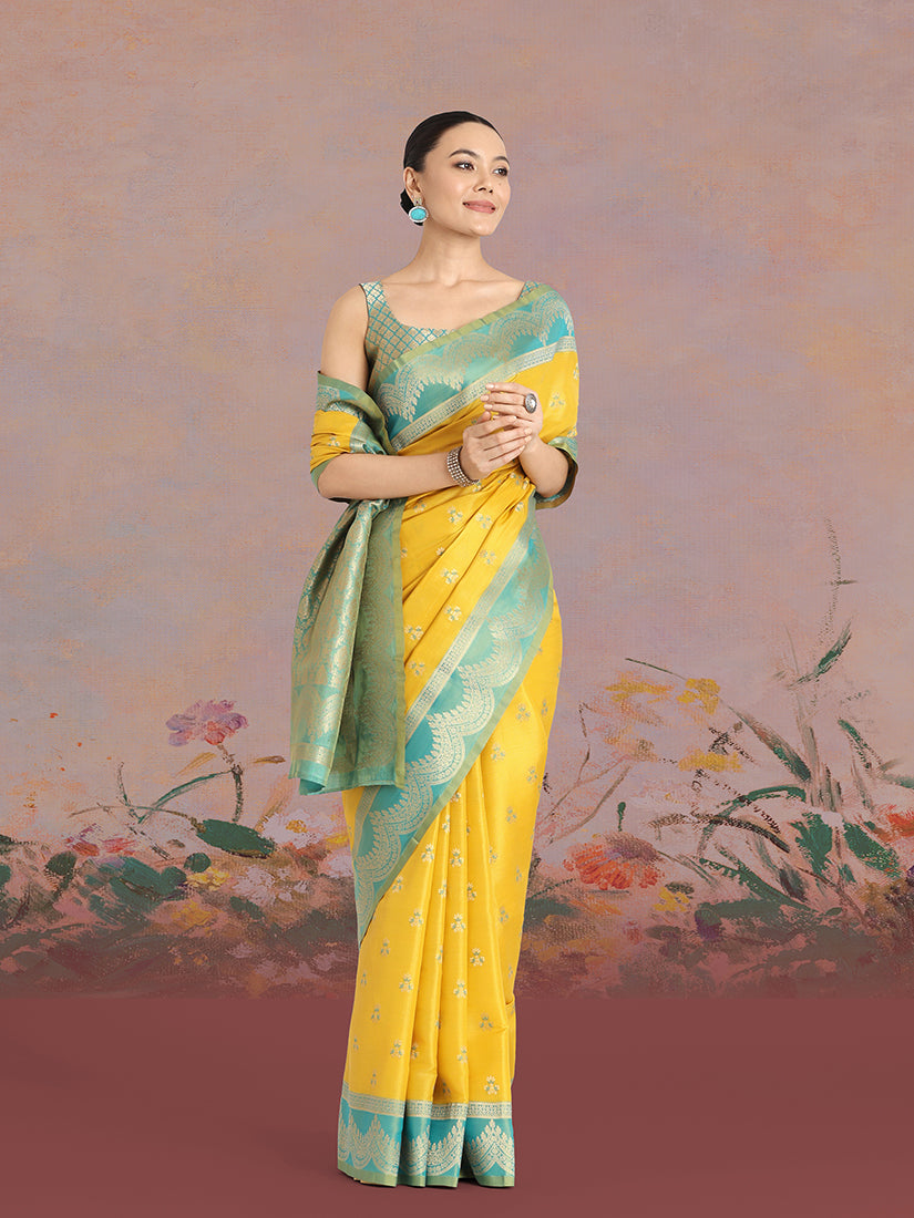 Monjolika Fashion Yellow Color Weaving Banarasi Tissue Silk Classic Saree | Grocsy
