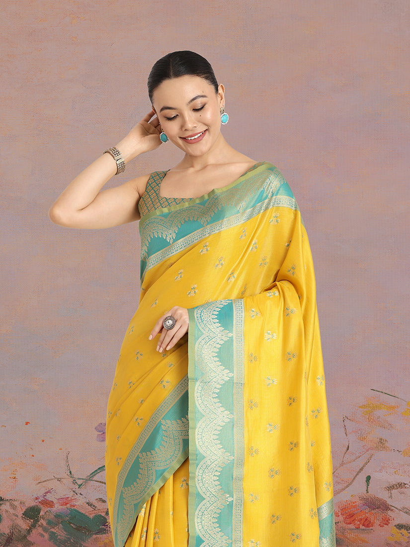 Monjolika Fashion Yellow Color Weaving Banarasi Tissue Silk Classic Saree | Grocsy