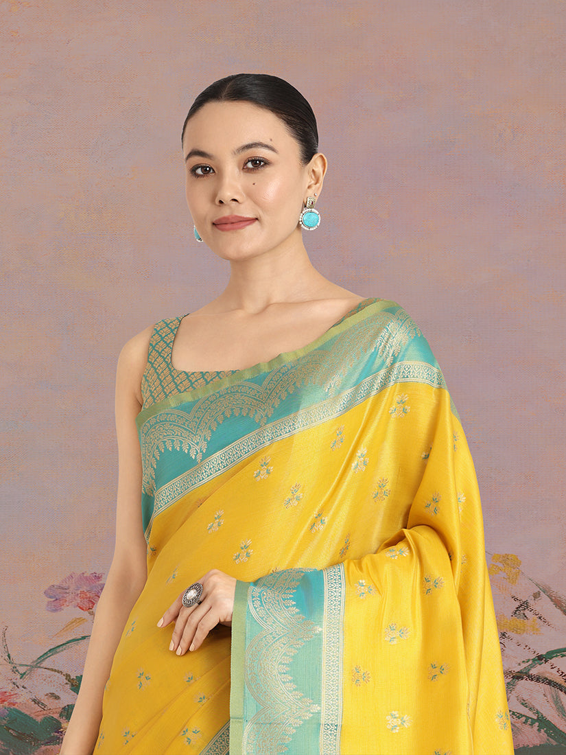 Monjolika Fashion Yellow Color Weaving Banarasi Tissue Silk Classic Saree | Grocsy