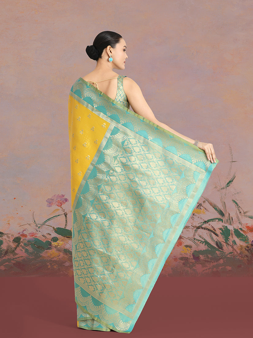 Monjolika Fashion Yellow Color Weaving Banarasi Tissue Silk Classic Saree | Grocsy