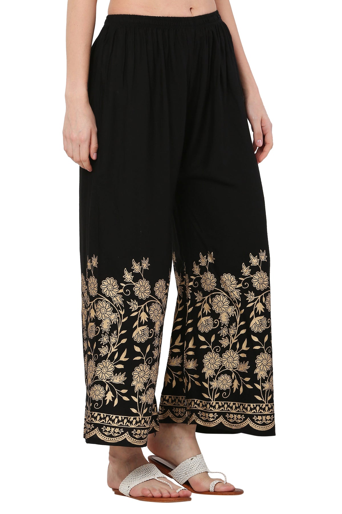 PAVONINE Black Color Floral Half Golden Print Sharara For Women | Grocsy