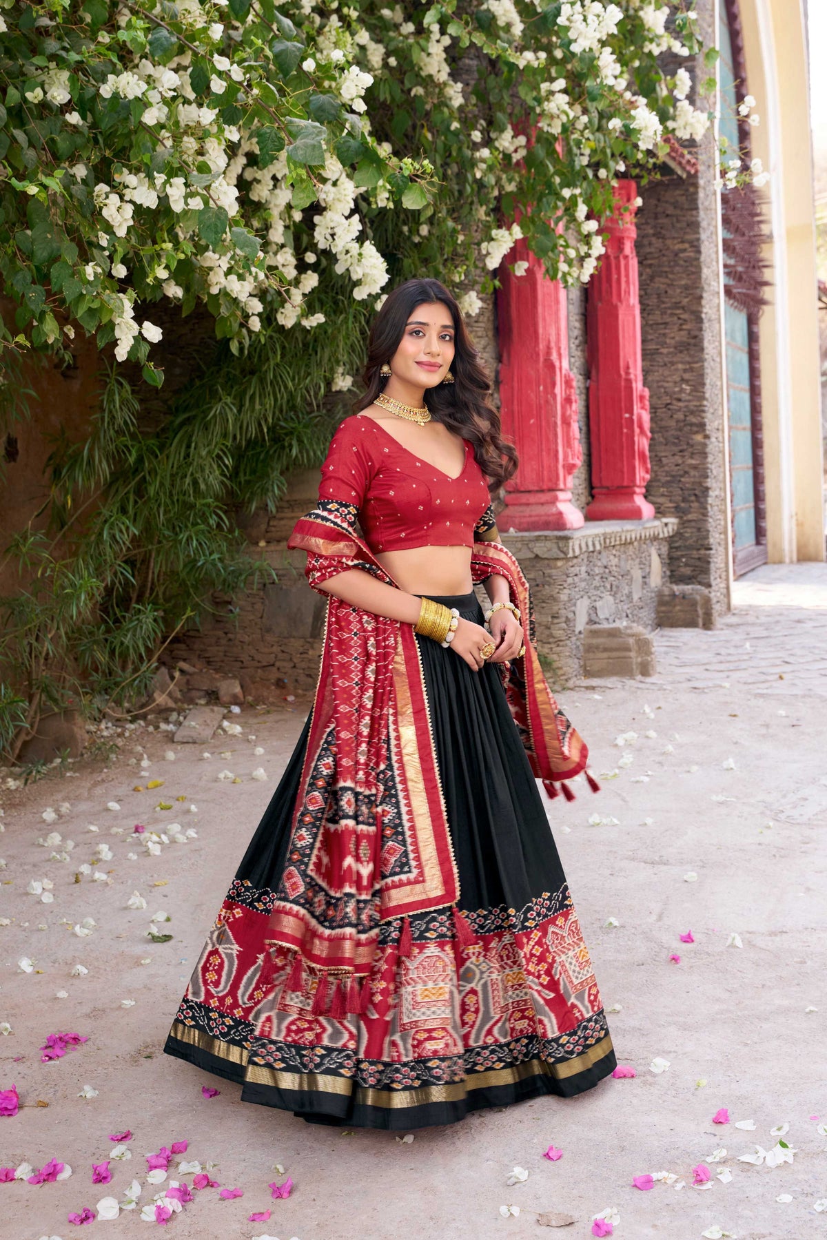 Lorenvalley Fashion Black Tussar Silk Patola Printed With Foil Work Lehenga Choli with Dupatta | Grocsy