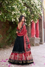 Lorenvalley Fashion Black Tussar Silk Patola Printed With Foil Work Lehenga Choli with Dupatta | Grocsy