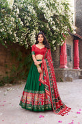 Lorenvalley Fashion Green Tussar Silk Patola Printed With Foil Work Lehenga Choli with Dupatta | Grocsy