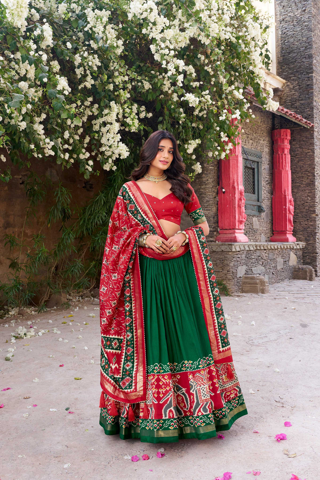 Lorenvalley Fashion Green Tussar Silk Patola Printed With Foil Work Lehenga Choli with Dupatta | Grocsy
