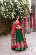 Lorenvalley Fashion Green Tussar Silk Patola Printed With Foil Work Lehenga Choli with Dupatta | Grocsy