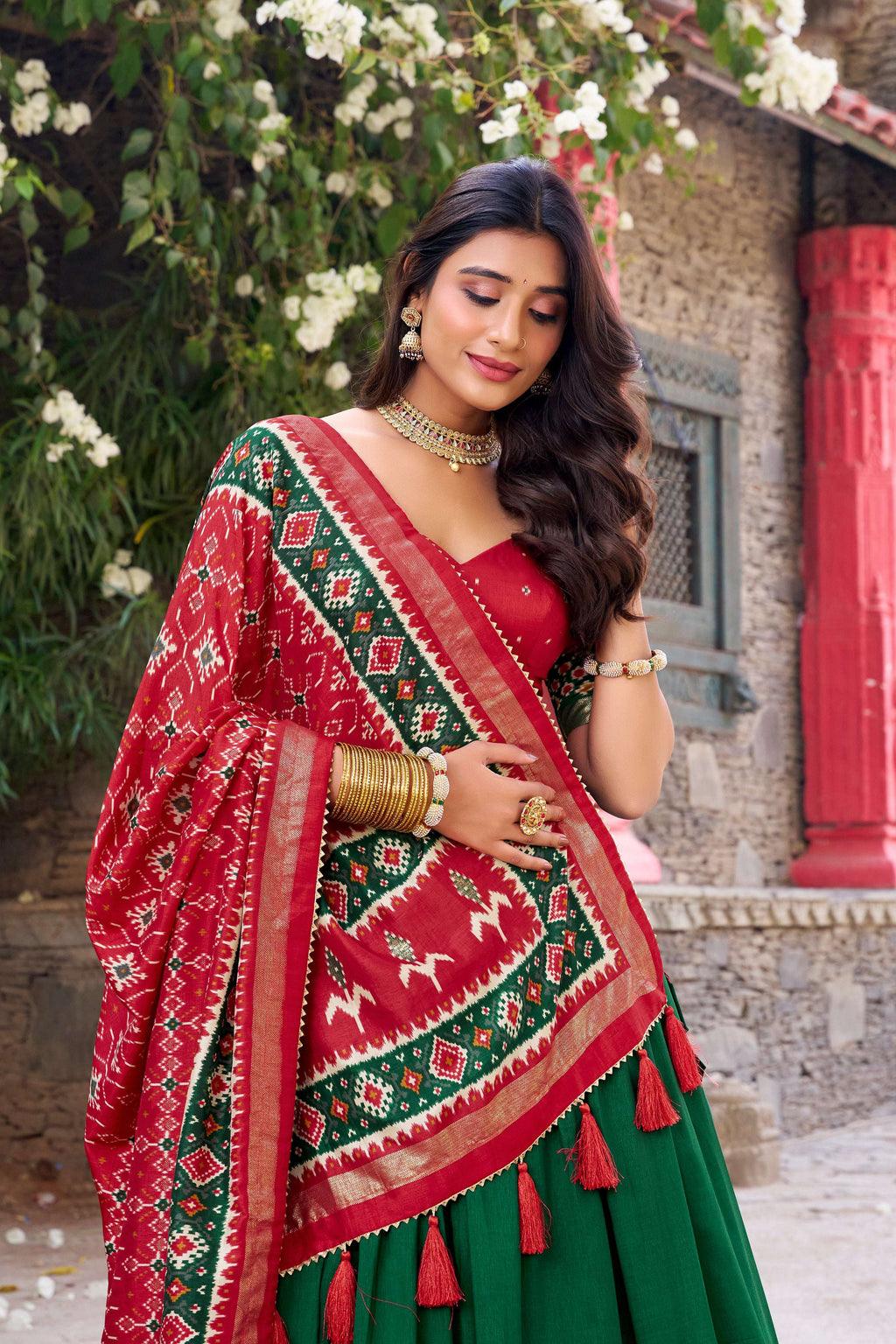 Lorenvalley Fashion Green Tussar Silk Patola Printed With Foil Work Lehenga Choli with Dupatta | Grocsy