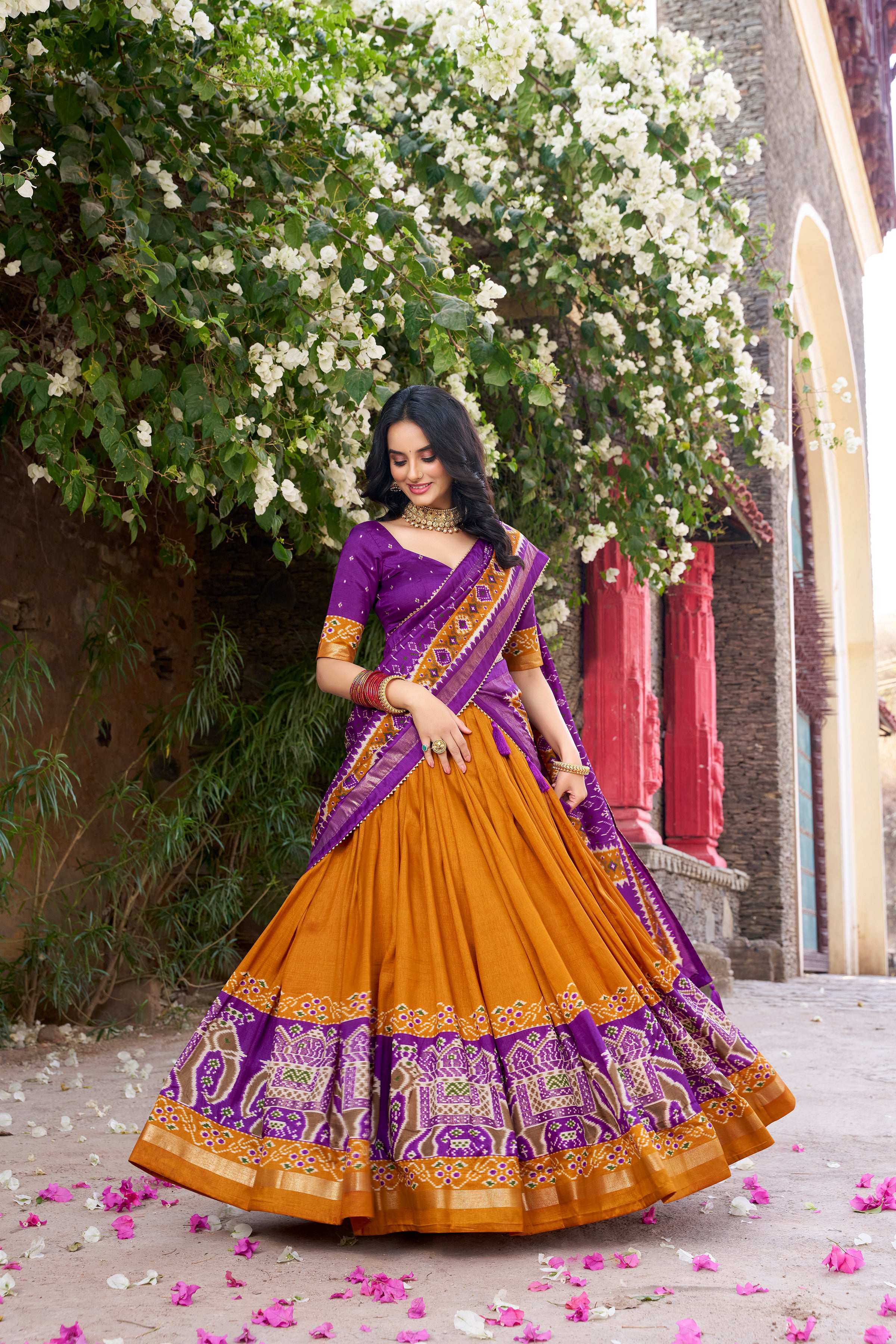 Lorenvalley Fashion Mustard Tussar Silk Patola Printed With Foil Work Lehenga Choli with Dupatta | Grocsy