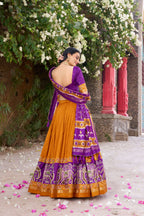 Lorenvalley Fashion Mustard Tussar Silk Patola Printed With Foil Work Lehenga Choli with Dupatta | Grocsy
