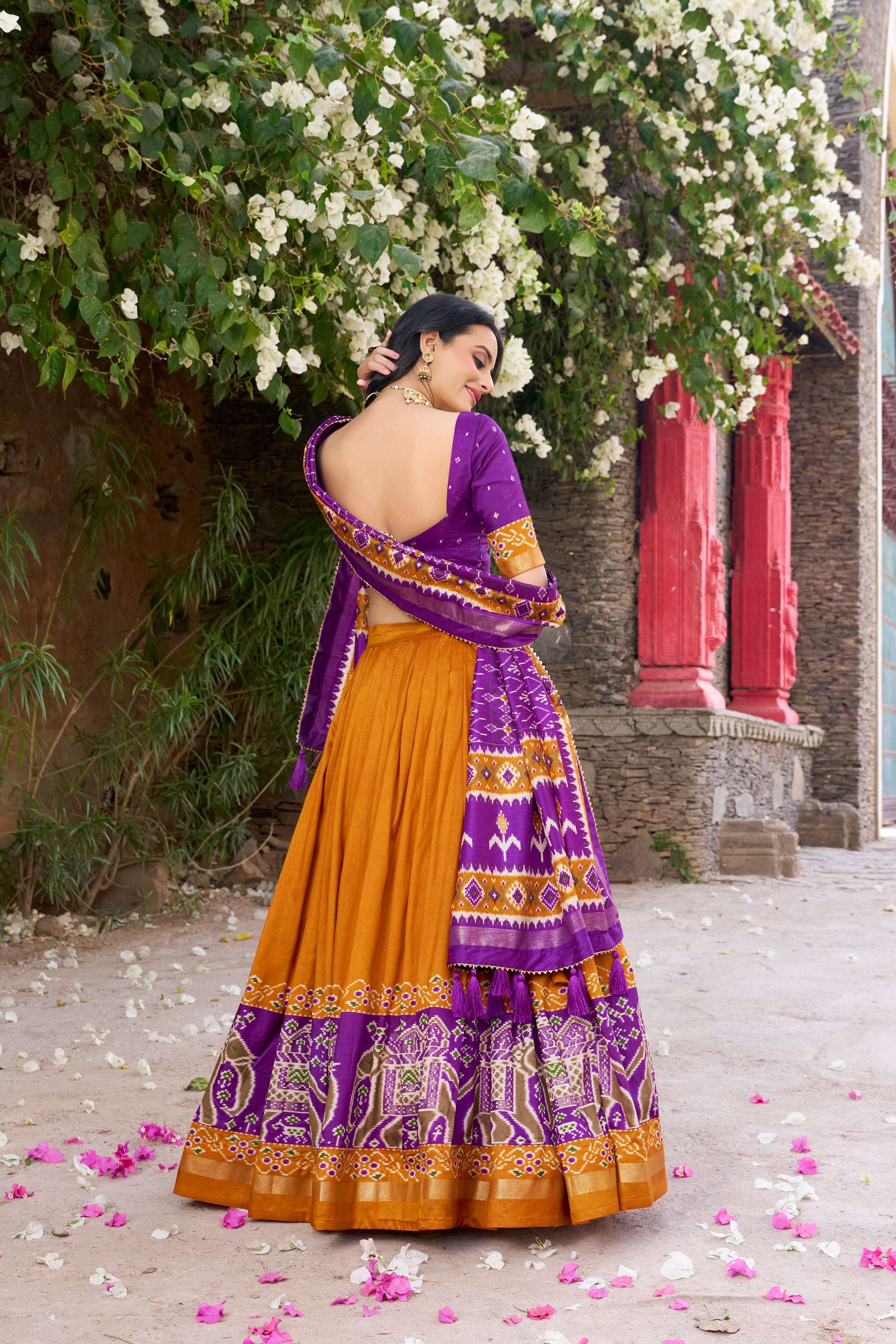 Lorenvalley Fashion Mustard Tussar Silk Patola Printed With Foil Work Lehenga Choli with Dupatta | Grocsy