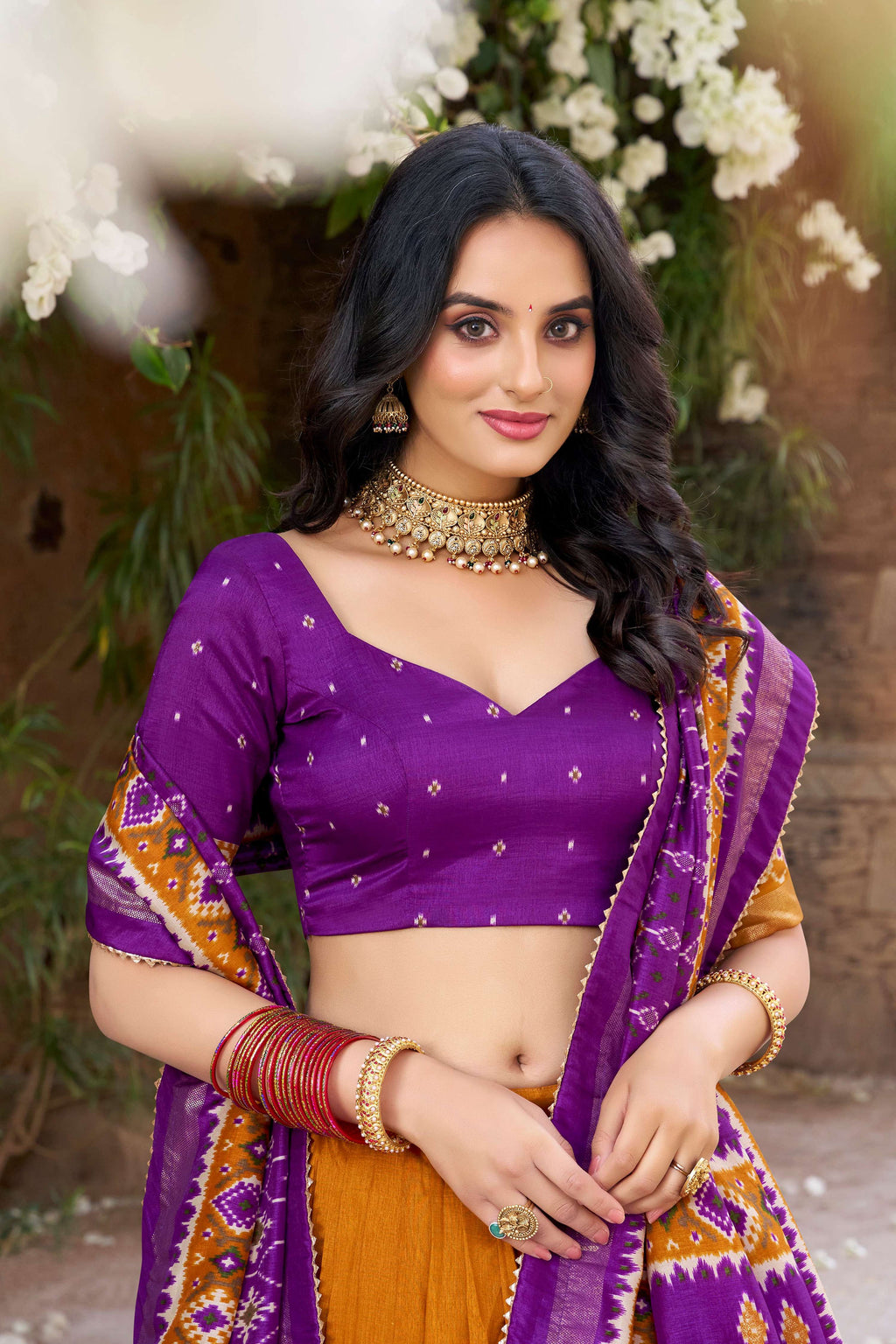 Lorenvalley Fashion Mustard Tussar Silk Patola Printed With Foil Work Lehenga Choli with Dupatta | Grocsy