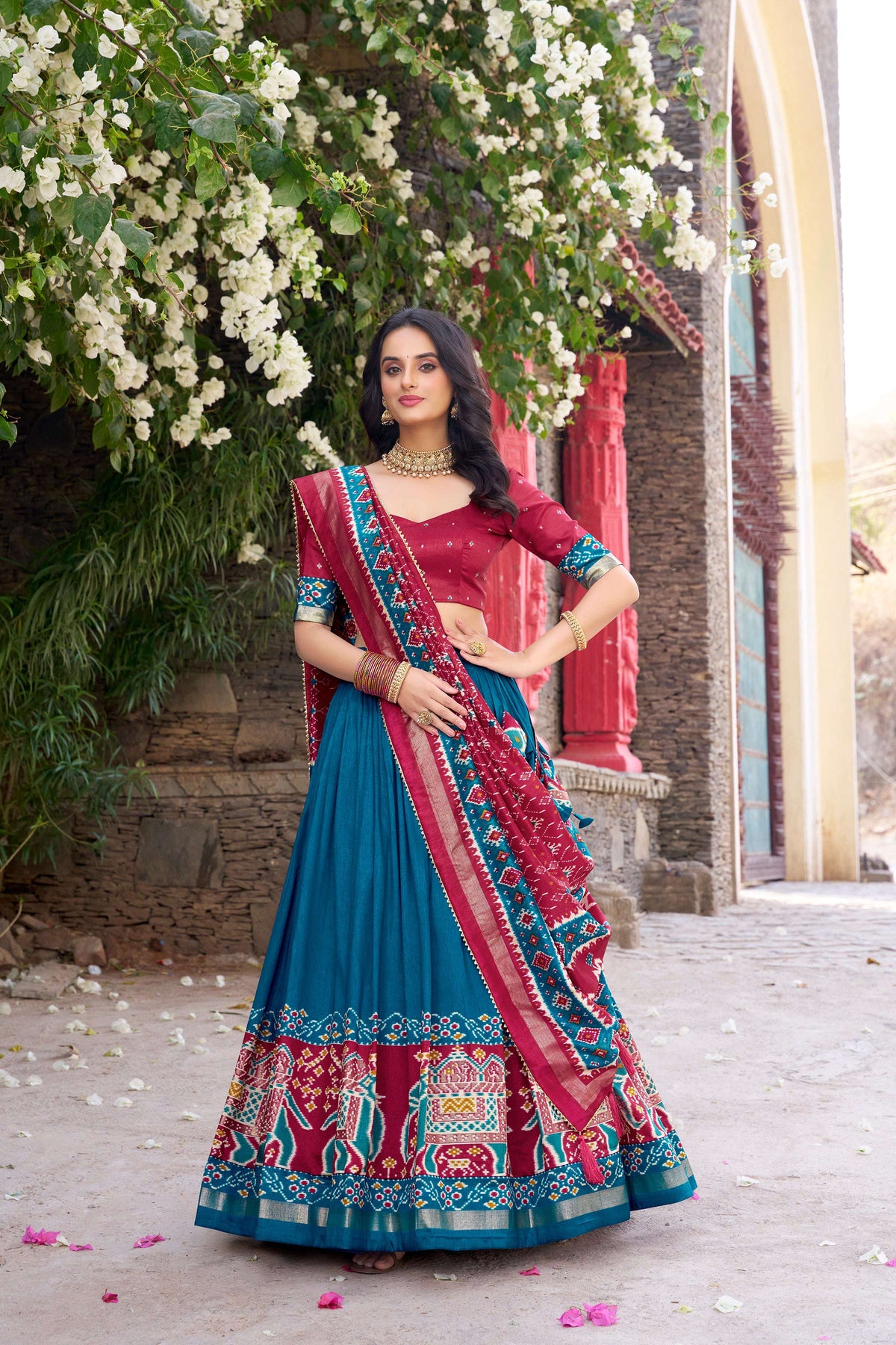 Lorenvalley Fashion Teal Tussar Silk Patola Printed With Foil Work Lehenga Choli with Dupatta | Grocsy