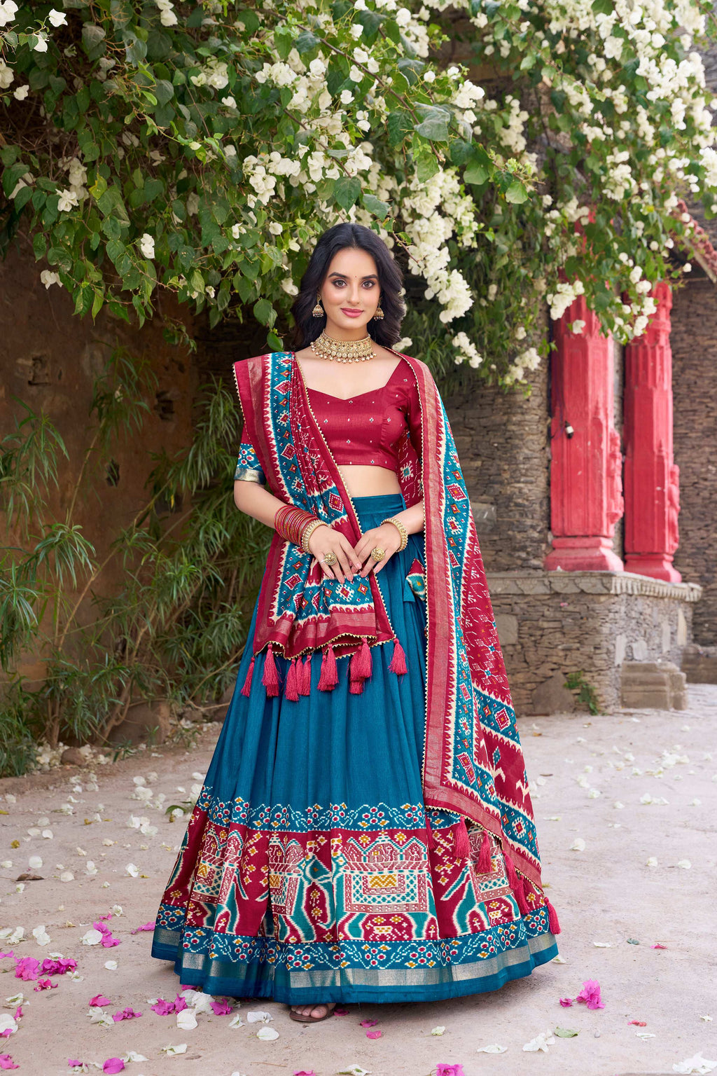 Lorenvalley Fashion Teal Tussar Silk Patola Printed With Foil Work Lehenga Choli with Dupatta | Grocsy