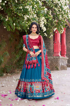 Lorenvalley Fashion Teal Tussar Silk Patola Printed With Foil Work Lehenga Choli with Dupatta | Grocsy