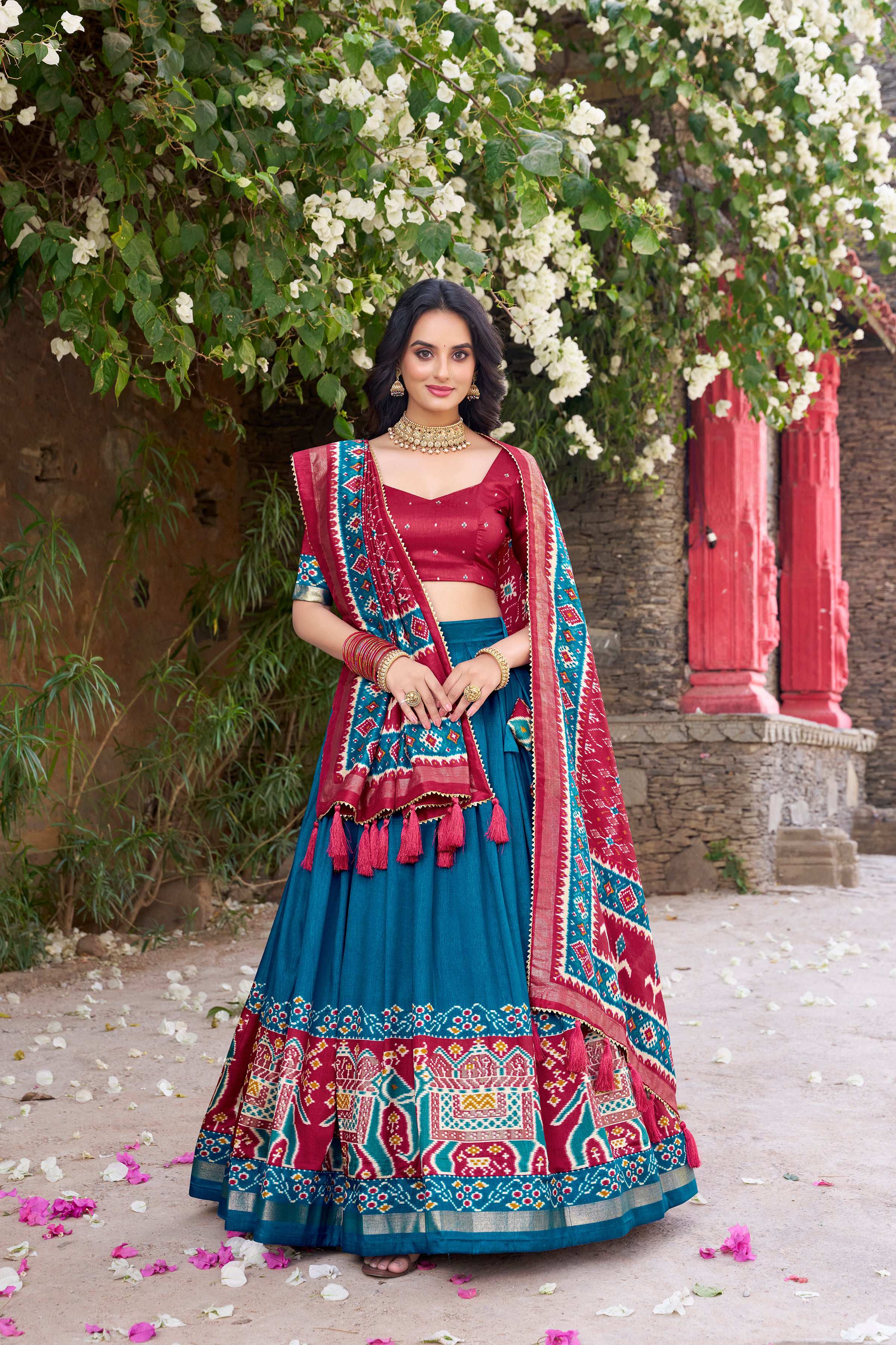 Lorenvalley Fashion Teal Tussar Silk Patola Printed With Foil Work Lehenga Choli with Dupatta | Grocsy