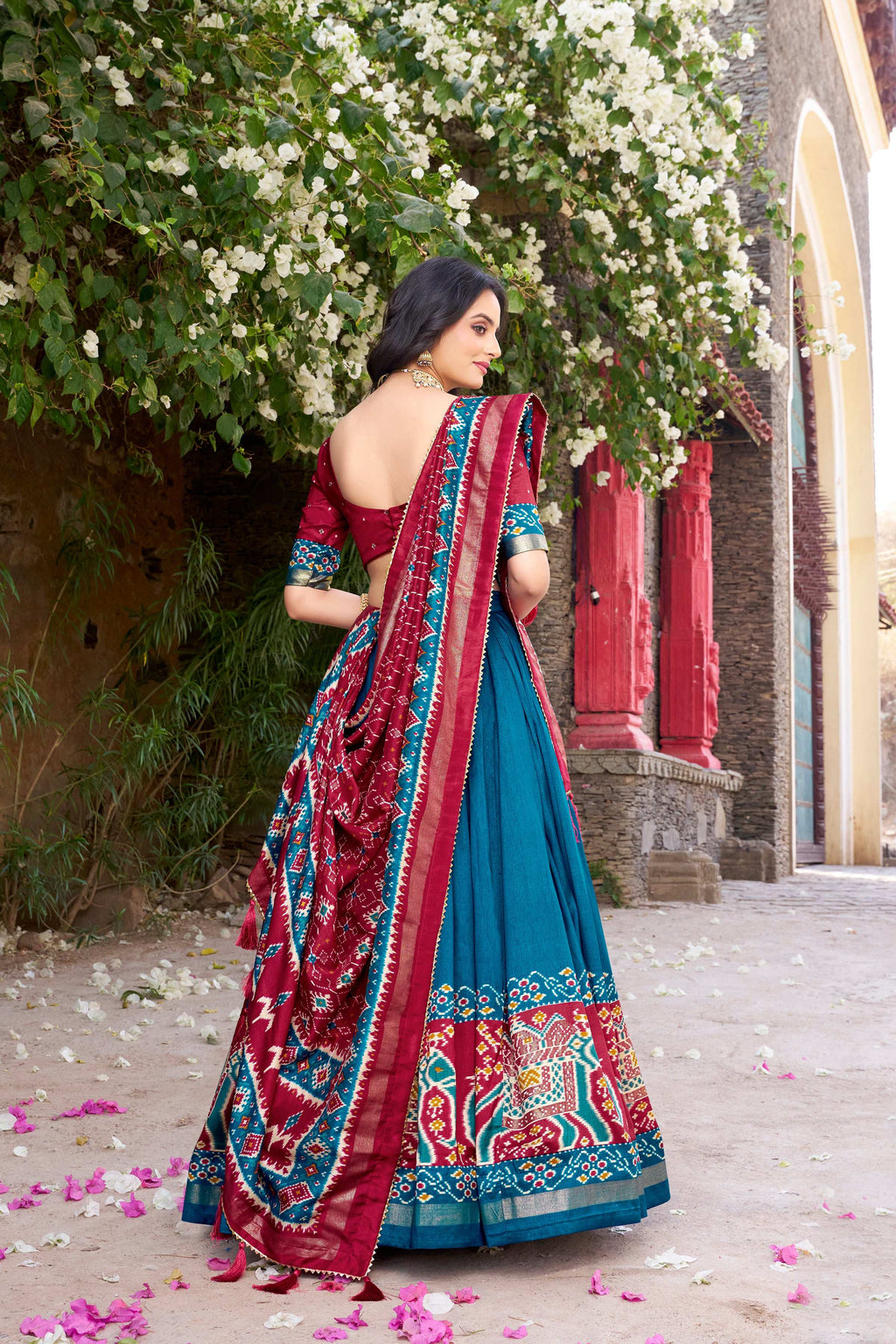 Lorenvalley Fashion Teal Tussar Silk Patola Printed With Foil Work Lehenga Choli with Dupatta | Grocsy