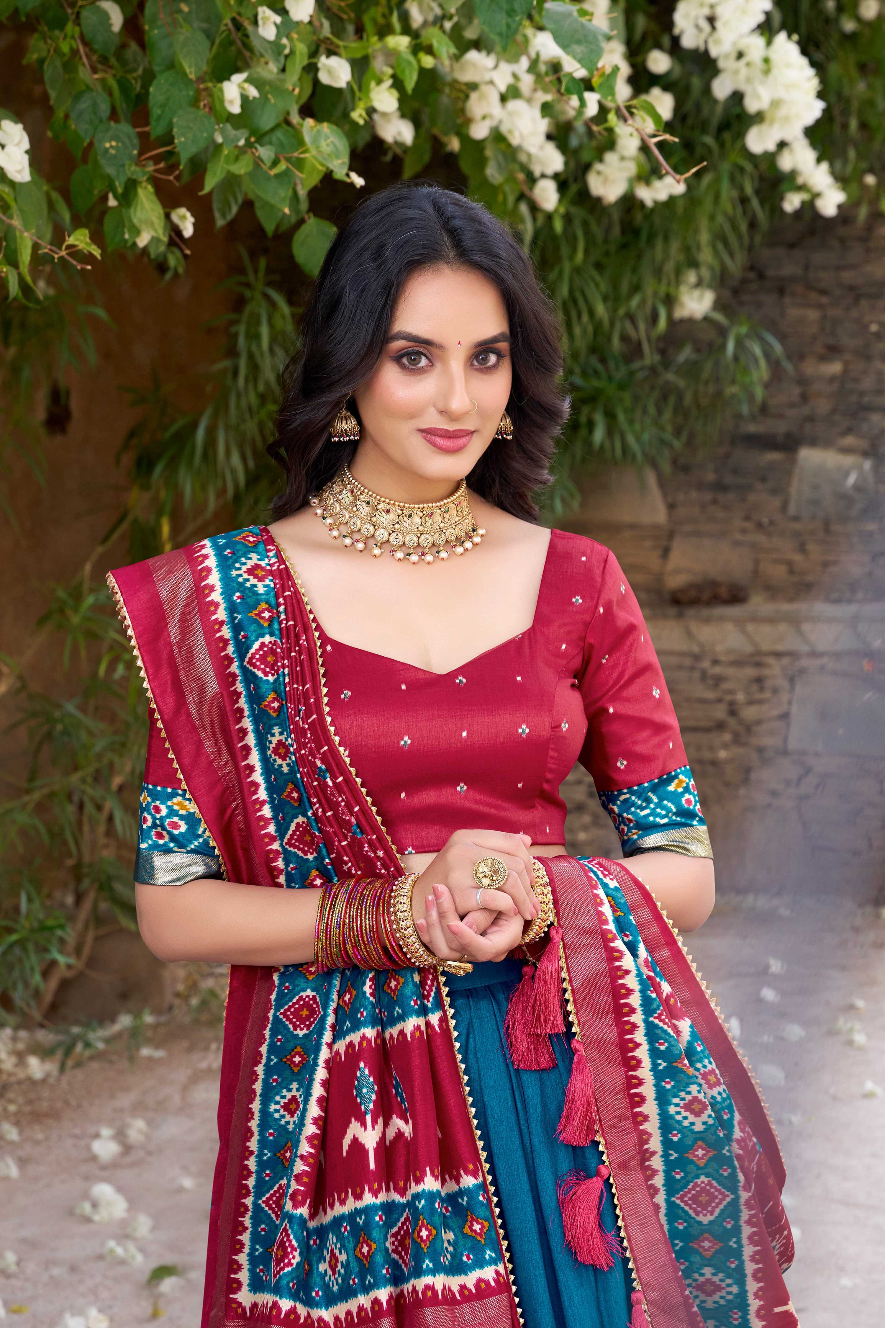 Lorenvalley Fashion Teal Tussar Silk Patola Printed With Foil Work Lehenga Choli with Dupatta | Grocsy