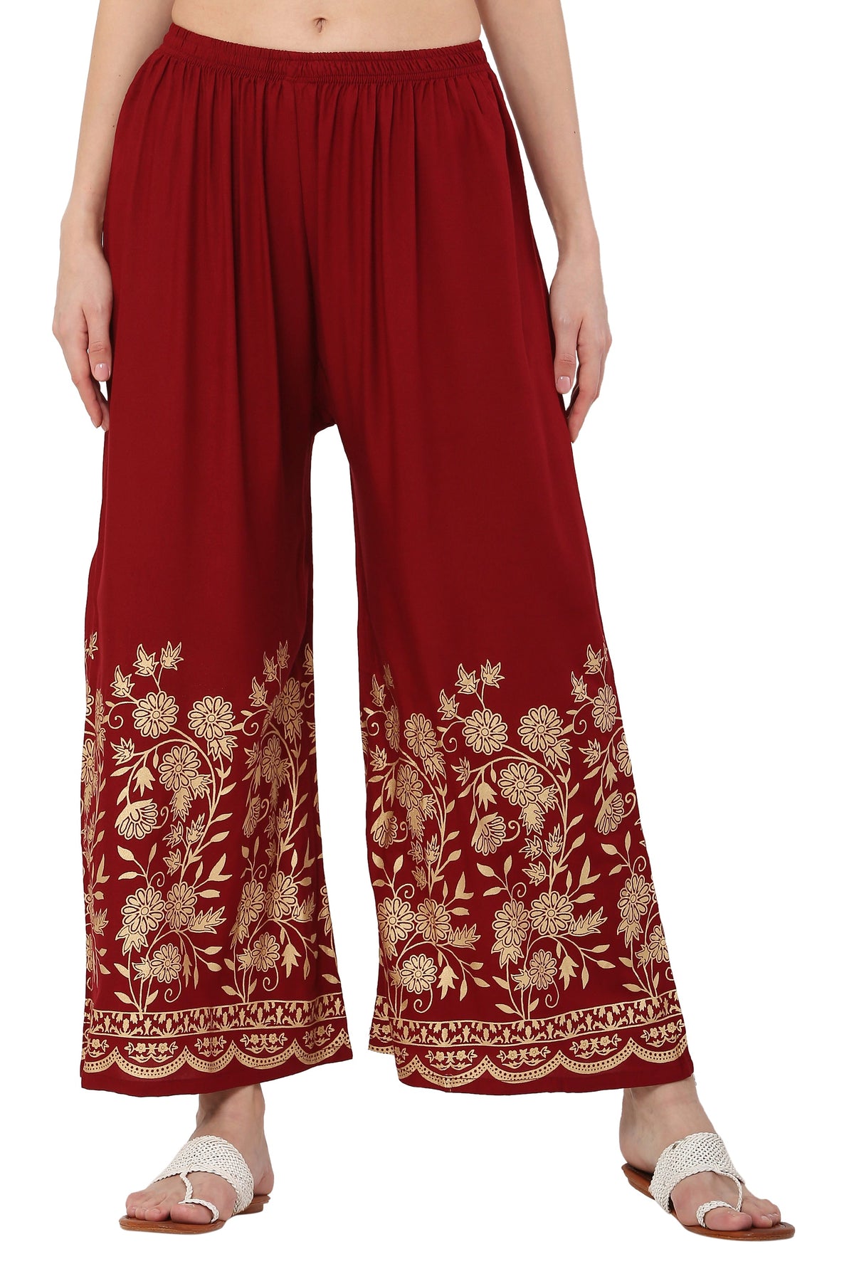 PAVONINE Maroon Color Floral Half Golden Print Sharara For Women | Grocsy