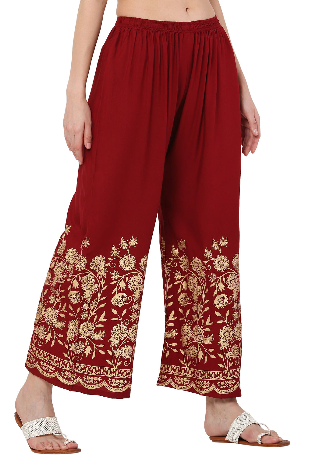 PAVONINE Maroon Color Floral Half Golden Print Sharara For Women | Grocsy
