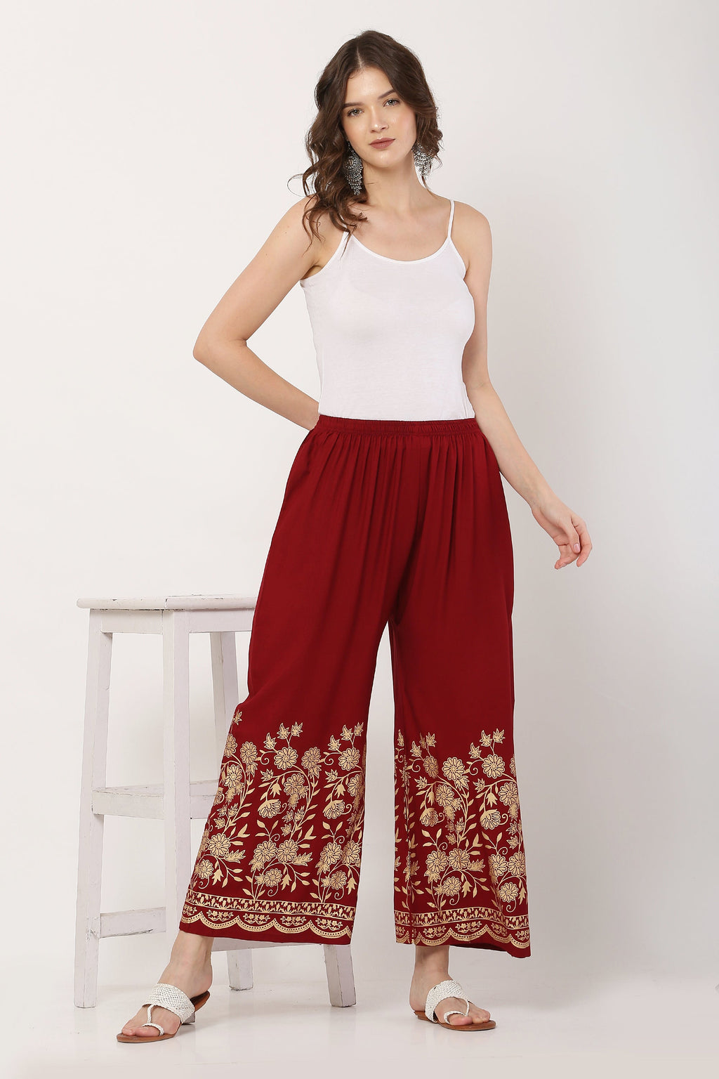 PAVONINE Maroon Color Floral Half Golden Print Sharara For Women | Grocsy