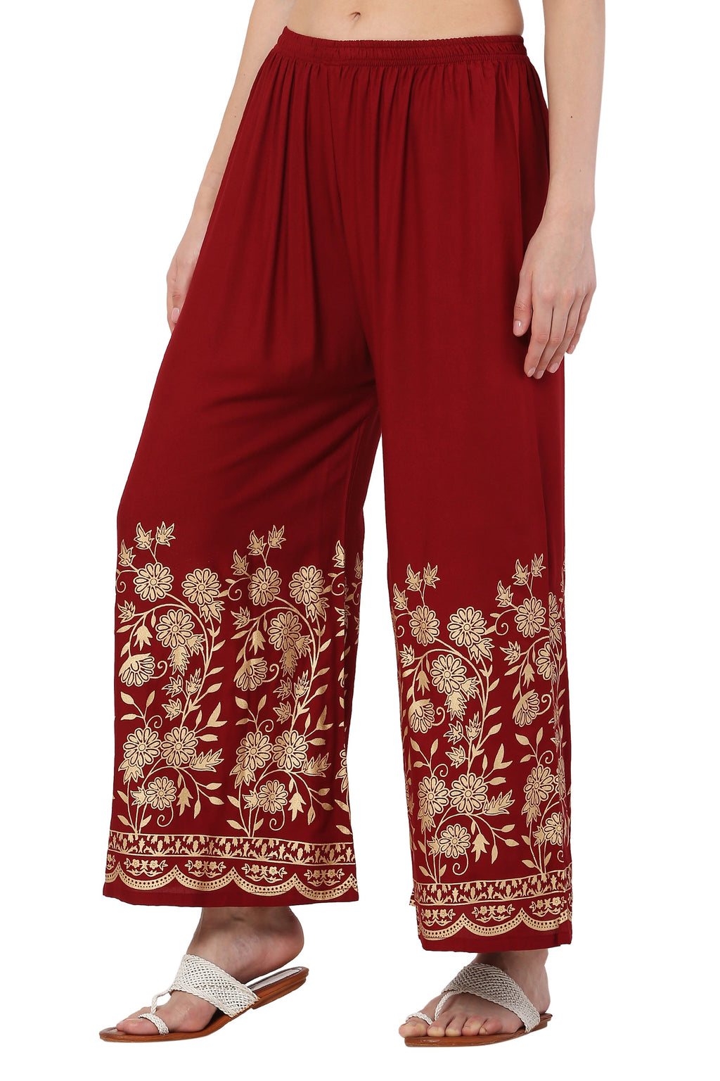 PAVONINE Maroon Color Floral Half Golden Print Sharara For Women | Grocsy