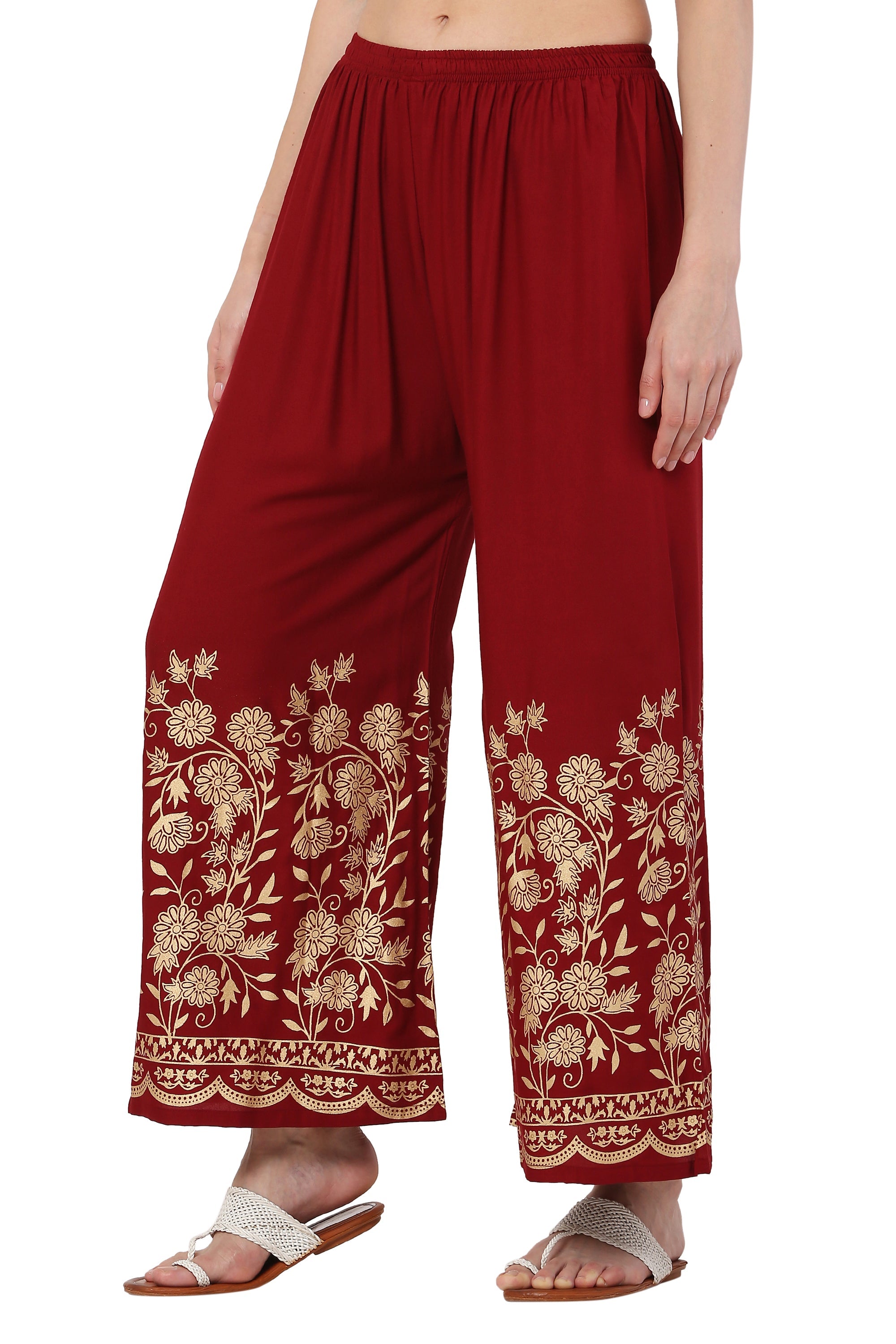 PAVONINE Maroon Color Floral Half Golden Print Sharara For Women | Grocsy