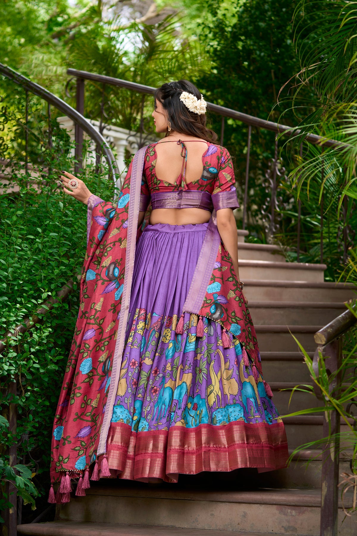 Lorenvalley Lavender Dola Silk Kalamkari Print With Zari Weaving Border Lehenga Choli | Grocsy