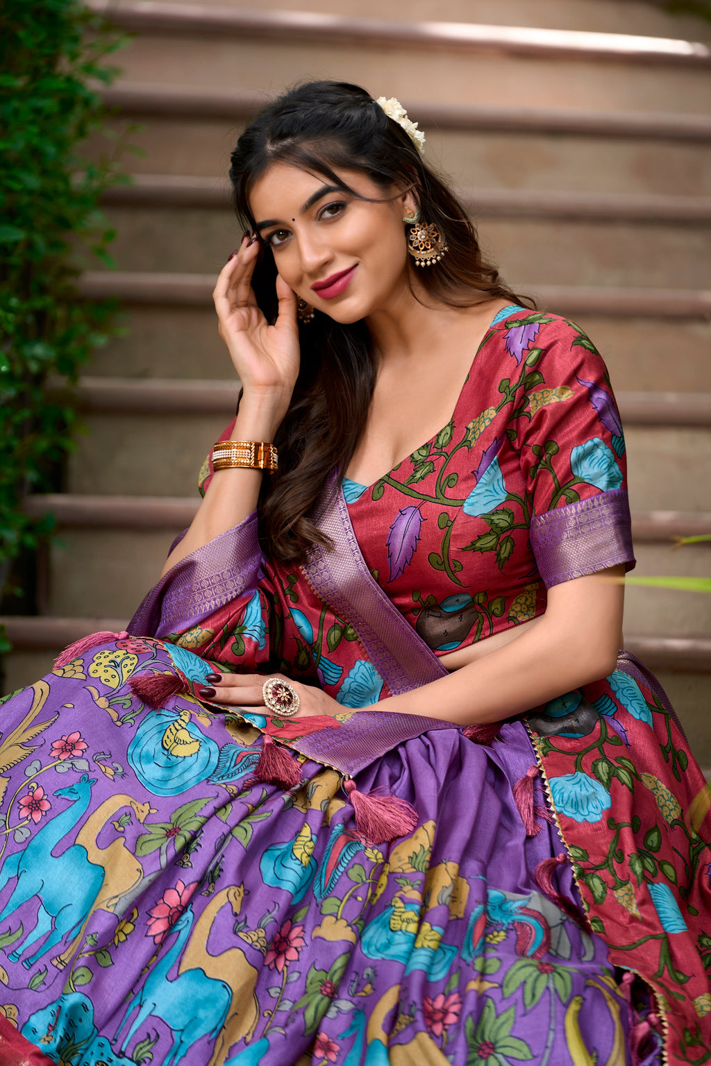 Lorenvalley Lavender Dola Silk Kalamkari Print With Zari Weaving Border Lehenga Choli | Grocsy