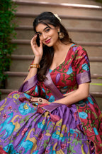 Lorenvalley Lavender Dola Silk Kalamkari Print With Zari Weaving Border Lehenga Choli | Grocsy