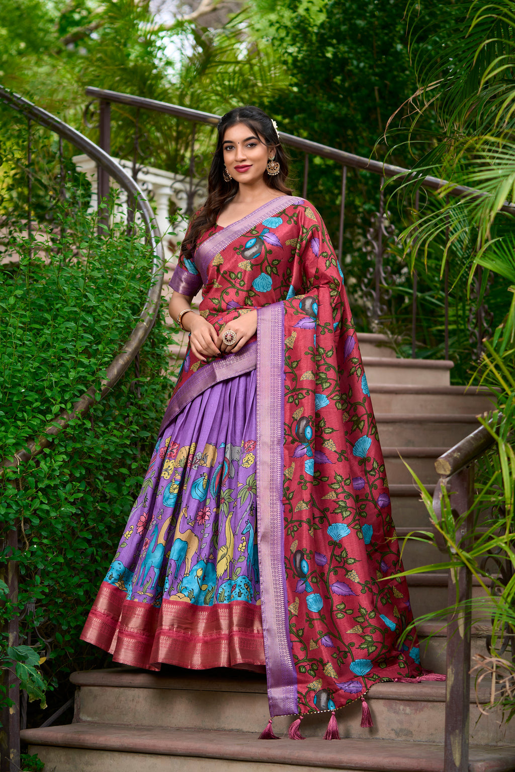 Lorenvalley Lavender Dola Silk Kalamkari Print With Zari Weaving Border Lehenga Choli | Grocsy