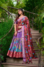 Lorenvalley Lavender Dola Silk Kalamkari Print With Zari Weaving Border Lehenga Choli | Grocsy