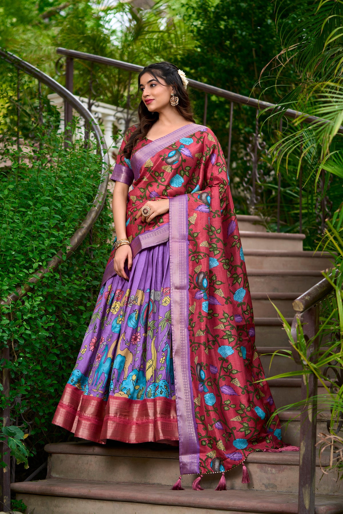 Lorenvalley Lavender Dola Silk Kalamkari Print With Zari Weaving Border Lehenga Choli | Grocsy