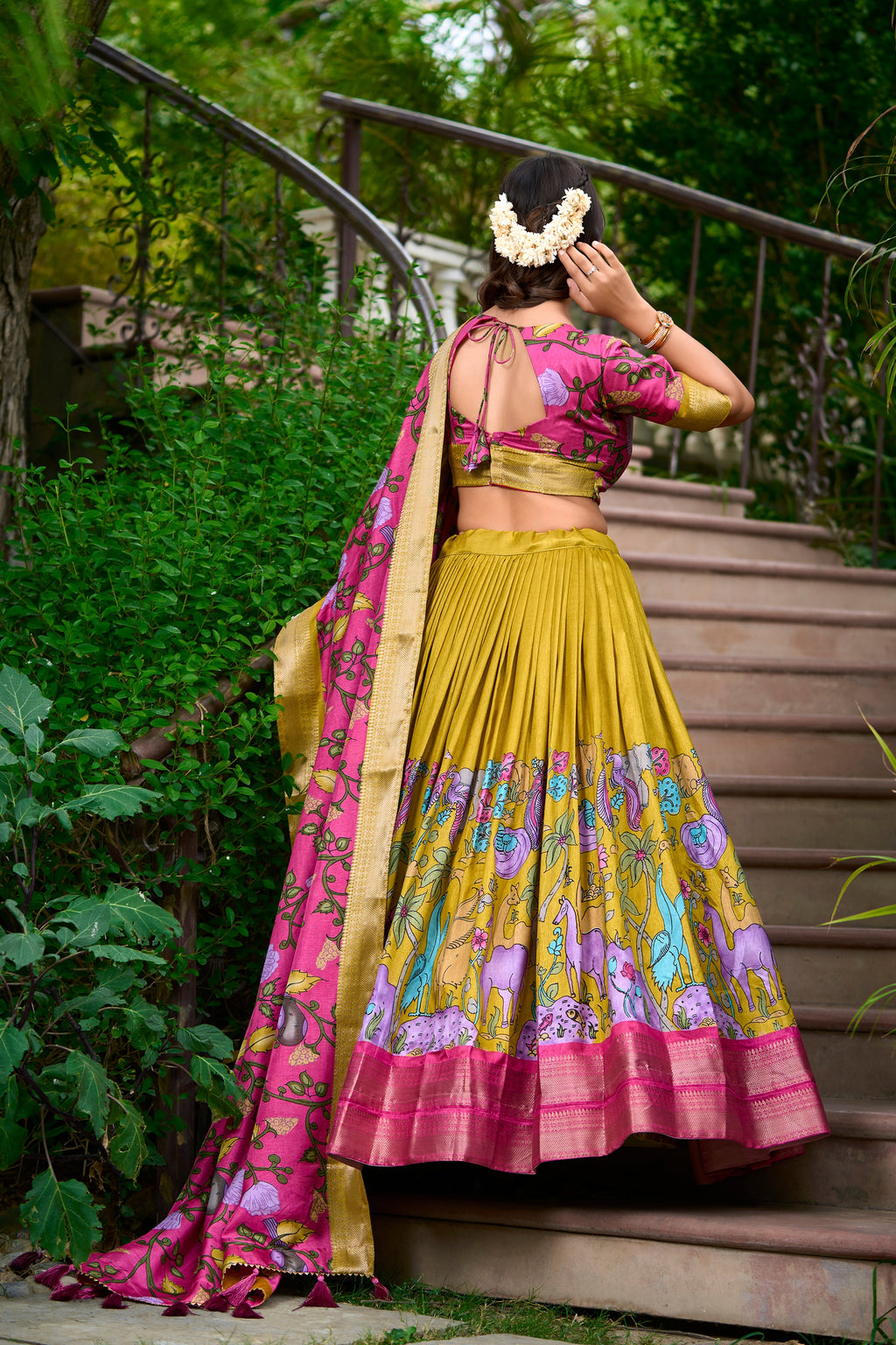 Lorenvalley Mustard Dola Silk Kalamkari Print With Zari Weaving Border Lehenga Choli | Grocsy