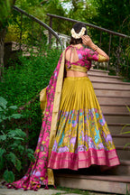 Lorenvalley Mustard Dola Silk Kalamkari Print With Zari Weaving Border Lehenga Choli | Grocsy