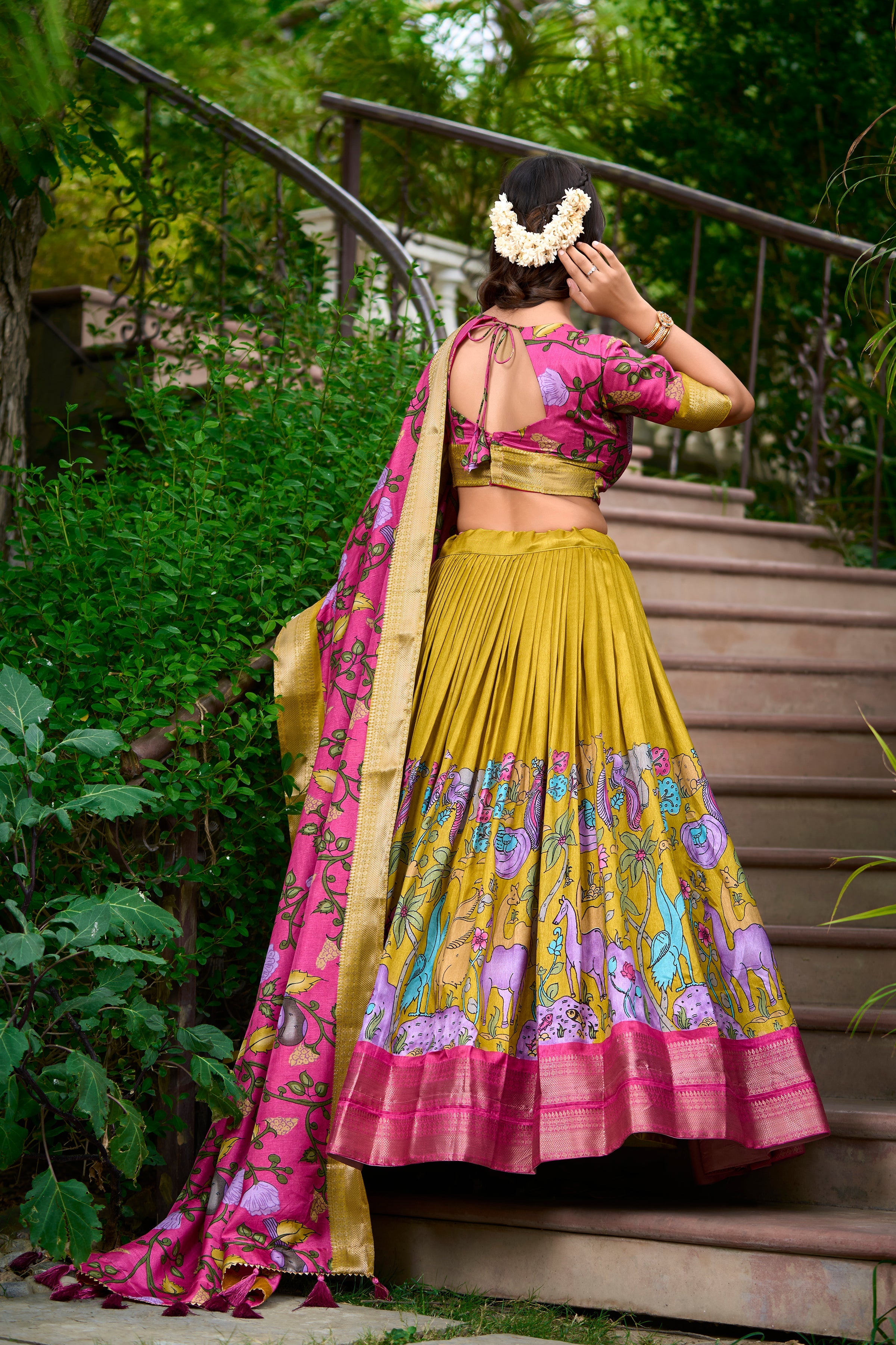 Lorenvalley Mustard Dola Silk Kalamkari Print With Zari Weaving Border Lehenga Choli | Grocsy