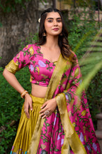 Lorenvalley Mustard Dola Silk Kalamkari Print With Zari Weaving Border Lehenga Choli | Grocsy