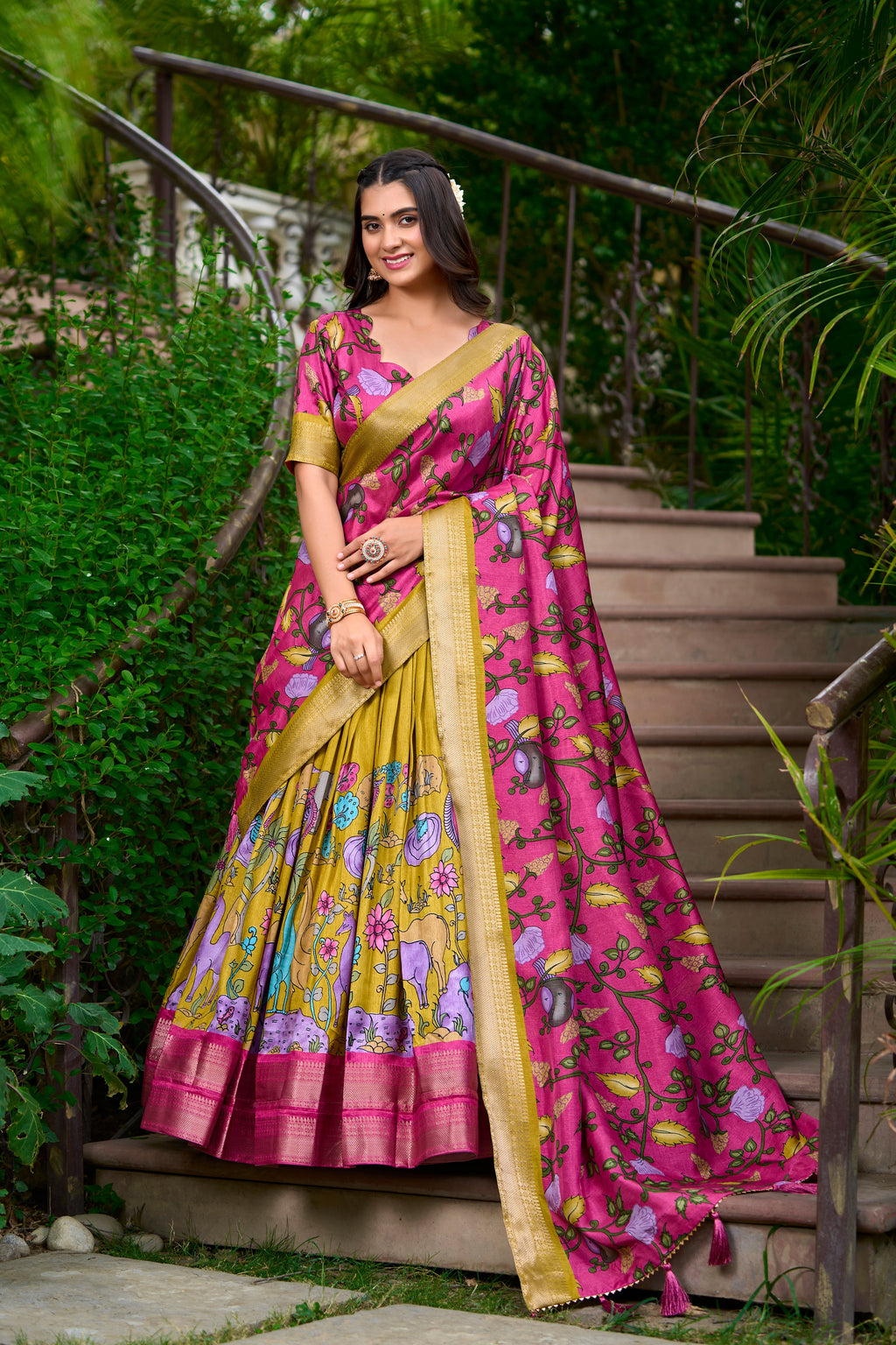 Lorenvalley Mustard Dola Silk Kalamkari Print With Zari Weaving Border Lehenga Choli | Grocsy