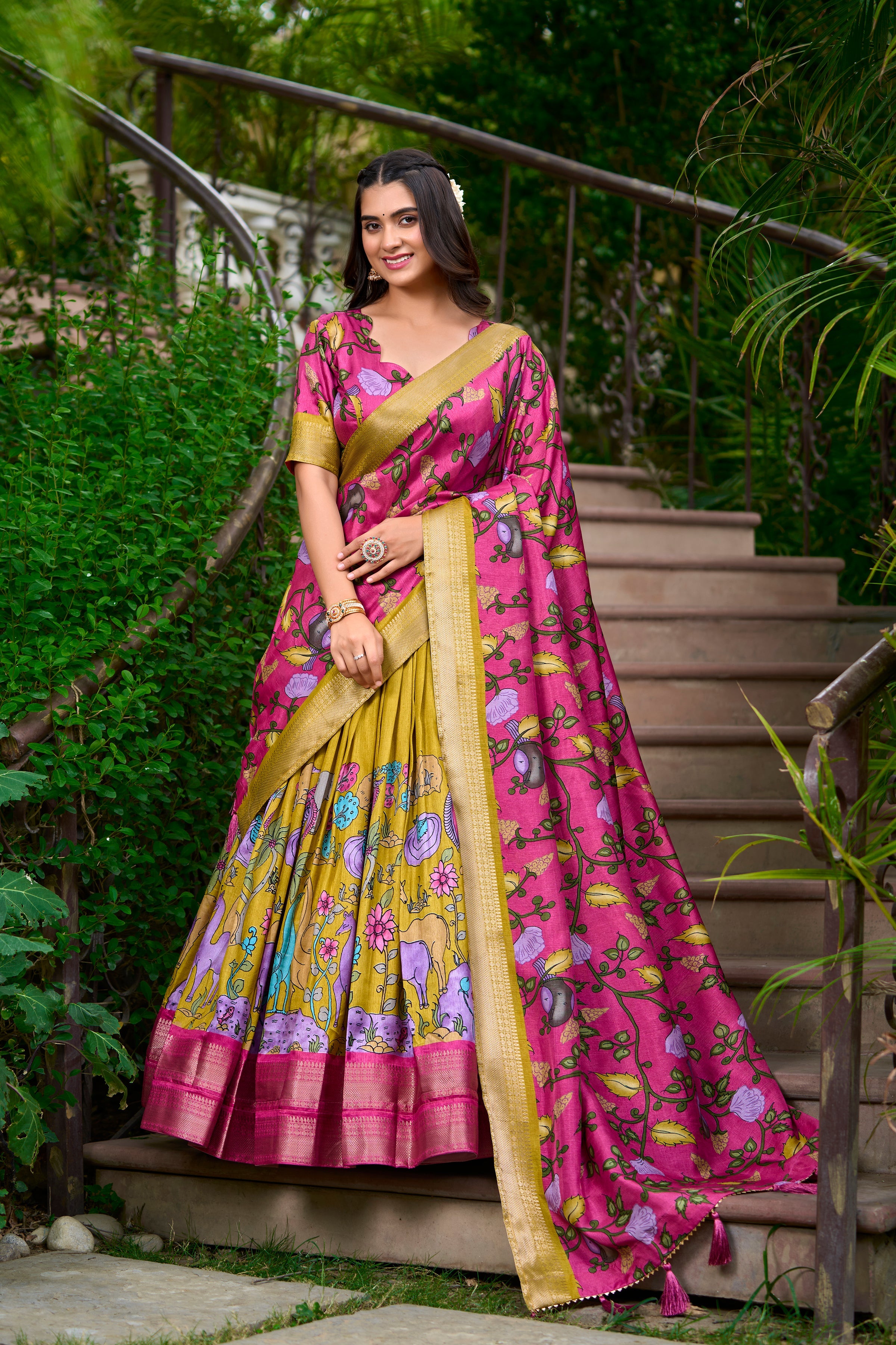 Lorenvalley Mustard Dola Silk Kalamkari Print With Zari Weaving Border Lehenga Choli | Grocsy