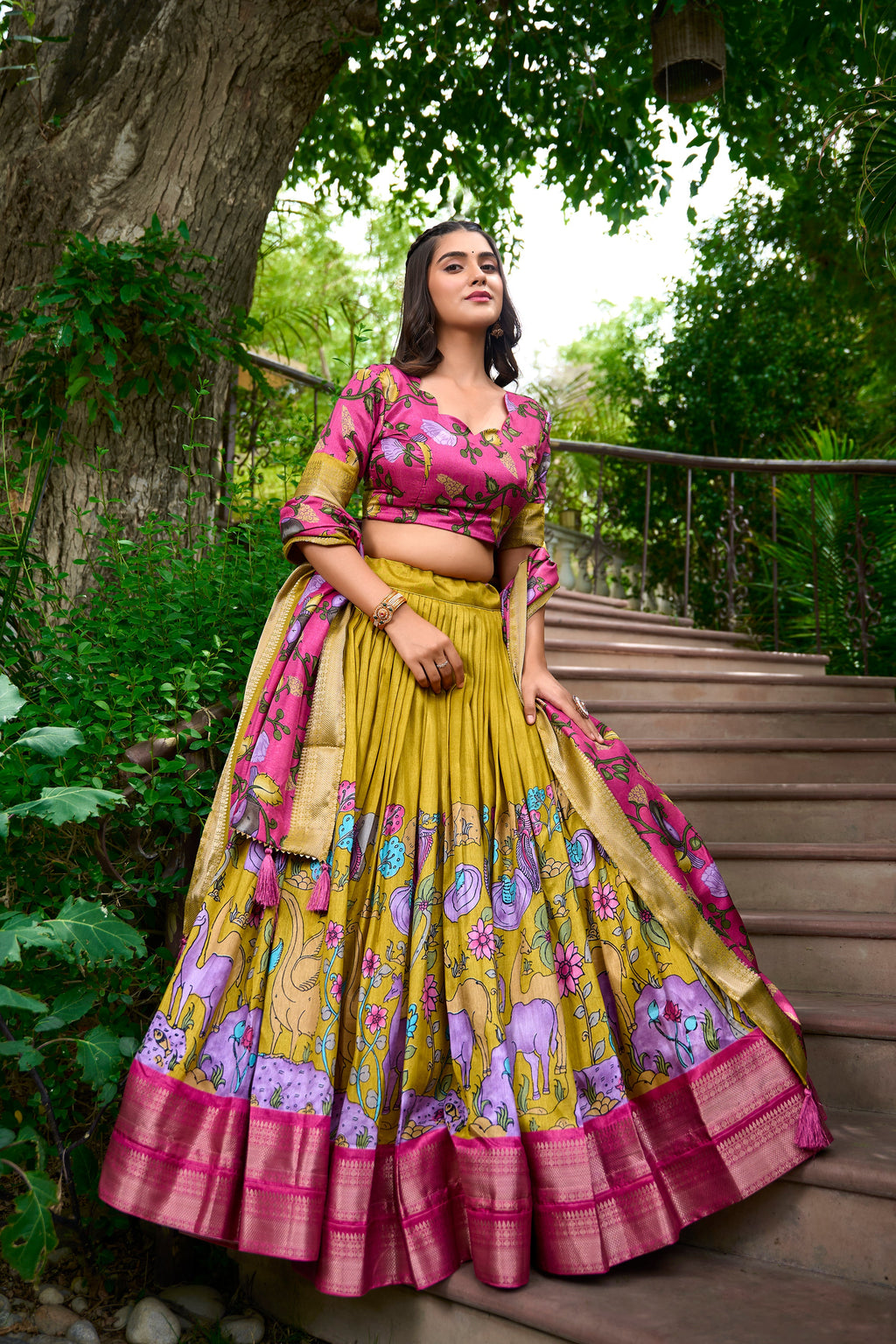 Lorenvalley Mustard Dola Silk Kalamkari Print With Zari Weaving Border Lehenga Choli | Grocsy