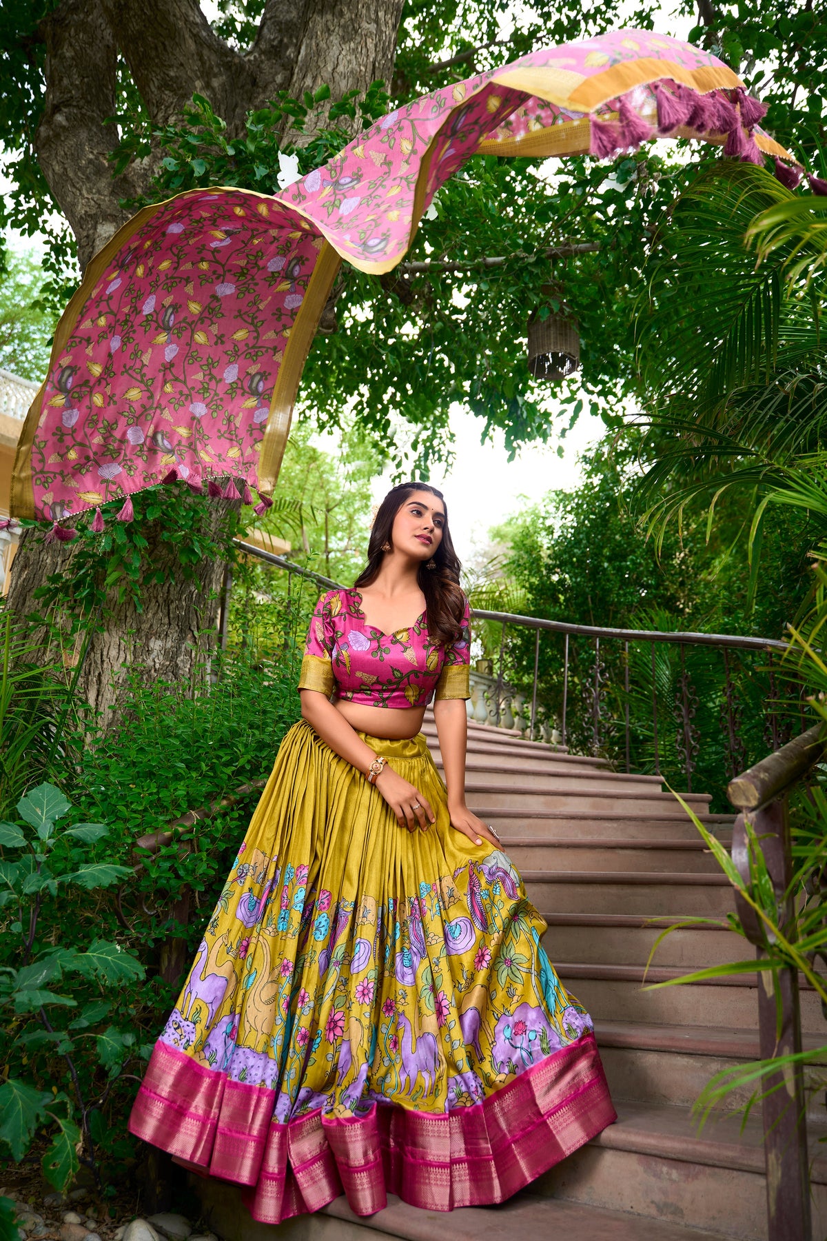Lorenvalley Mustard Dola Silk Kalamkari Print With Zari Weaving Border Lehenga Choli | Grocsy