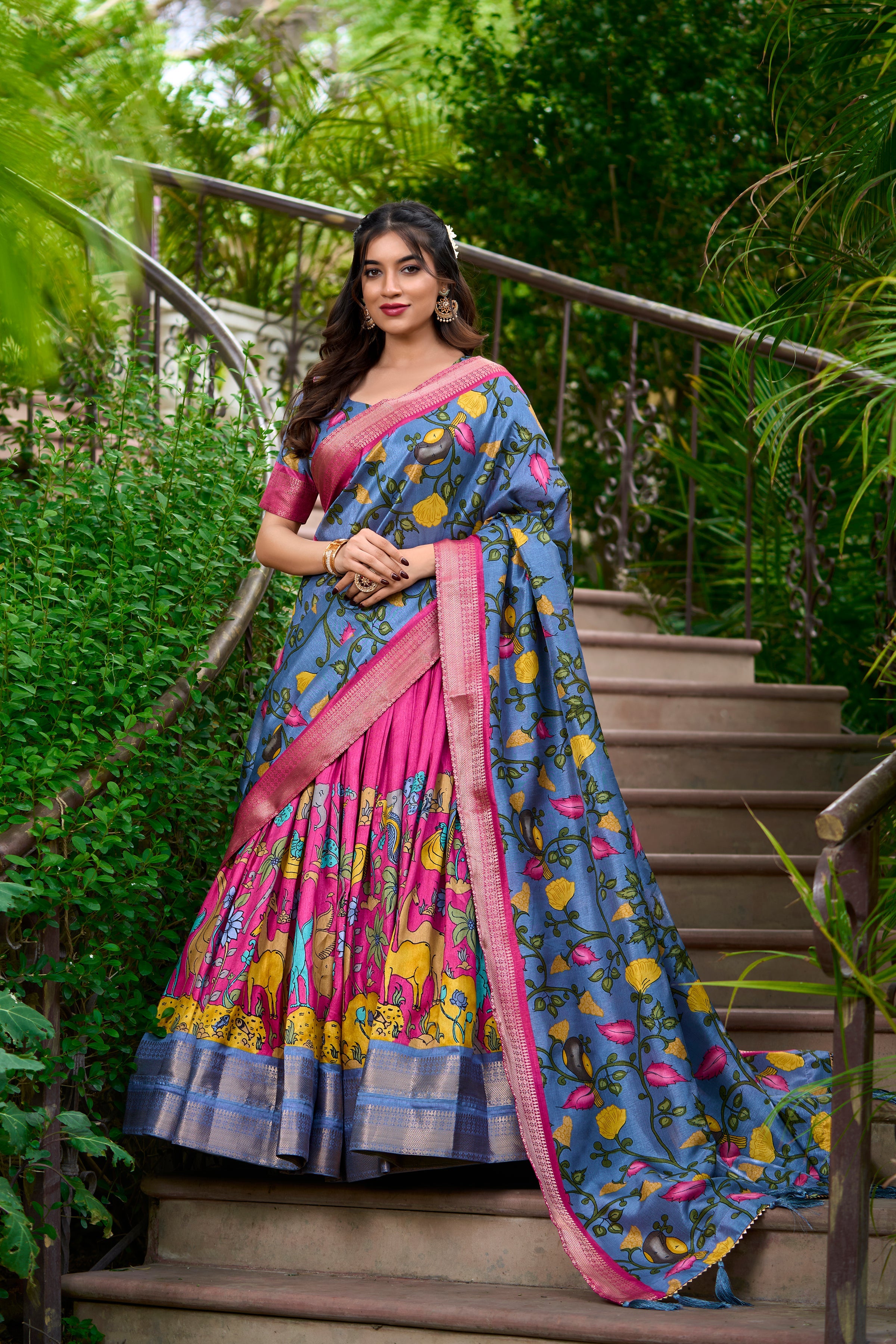 Lorenvalley Pink Dola Silk Kalamkari Print With Zari Weaving Border Lehenga Choli | Grocsy