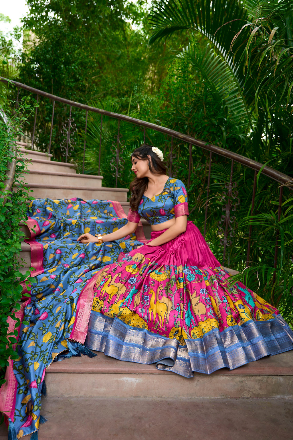 Lorenvalley Pink Dola Silk Kalamkari Print With Zari Weaving Border Lehenga Choli | Grocsy