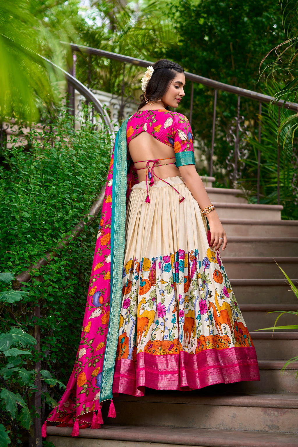Lorenvalley Cream Dola Silk Kalamkari Print With Zari Weaving Border Lehenga Choli | Grocsy