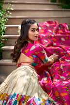 Lorenvalley Cream Dola Silk Kalamkari Print With Zari Weaving Border Lehenga Choli | Grocsy