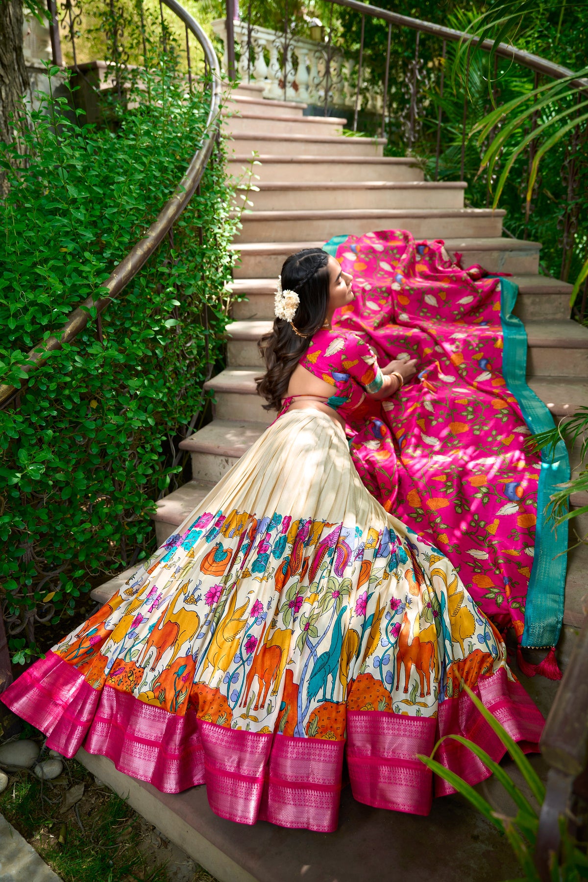 Lorenvalley Cream Dola Silk Kalamkari Print With Zari Weaving Border Lehenga Choli | Grocsy