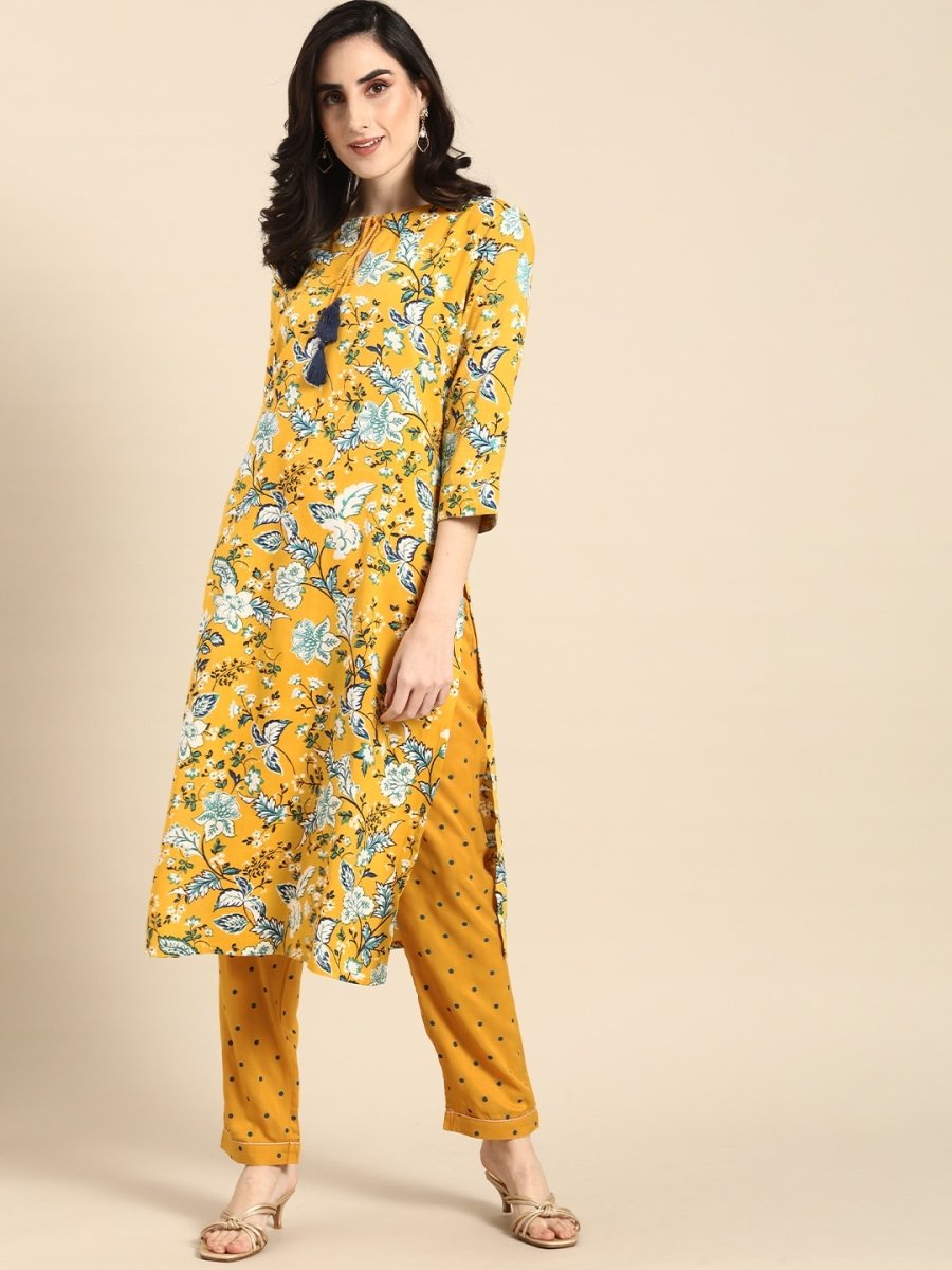 All About You Women Mustard Yellow & White Floral Printed Kurta with Trousers | Grocsy