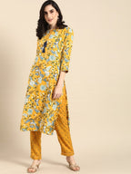 All About You Women Mustard Yellow & White Floral Printed Kurta with Trousers | Grocsy