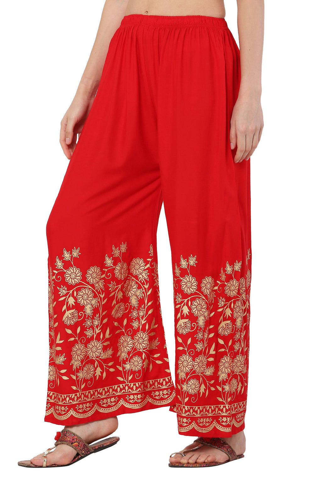 PAVONINE Red Color Floral Half Golden Print Sharara For Women | Grocsy